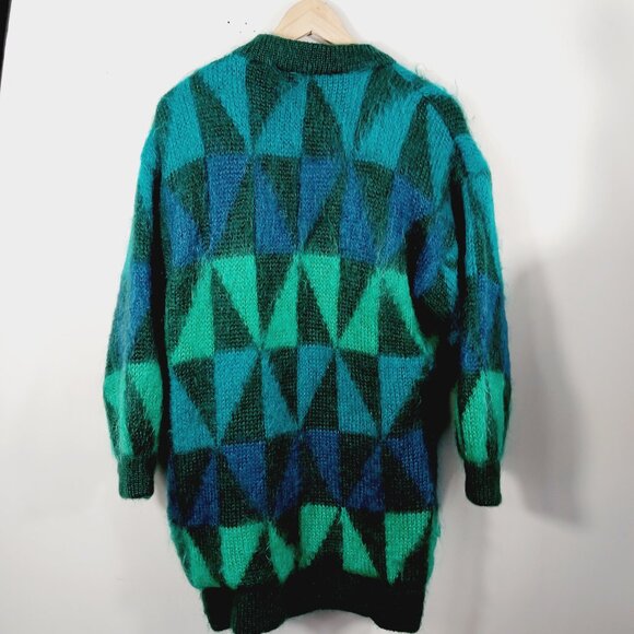 Mohair Label Irish Mohair & Wool Geo Print Cardigan, Greens & Peacock Blue ? Med - Picture 3 of 16